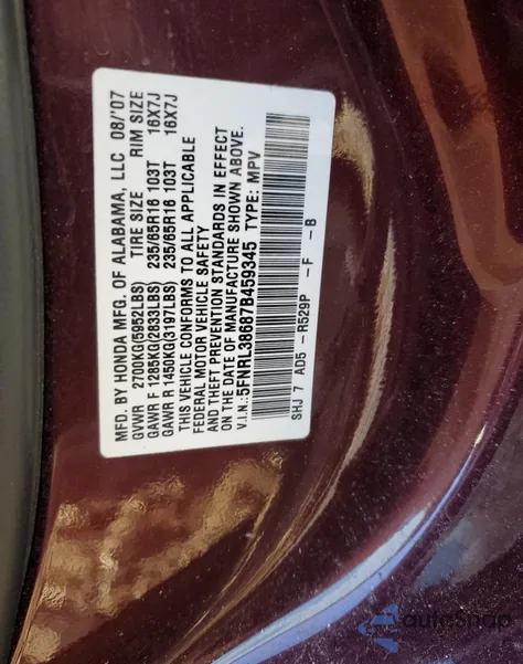 2007 Honda Odyssey Exl из США, поврежденный, VIN 5FNRL38687B459345